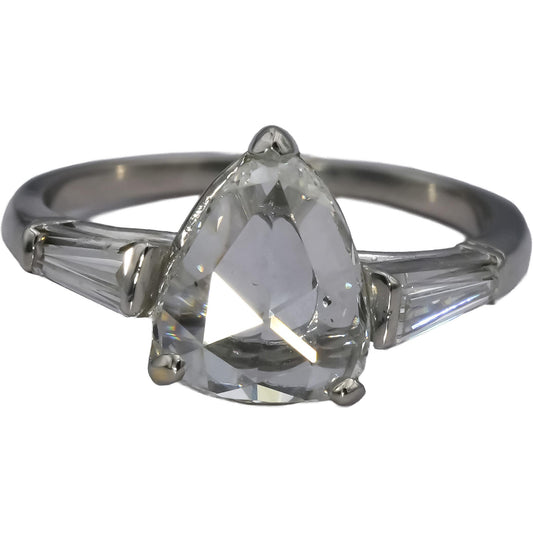 18k White Gold Pear Rose & Baguette Cut Diamond Engagement Ring 1.55CT Size 6