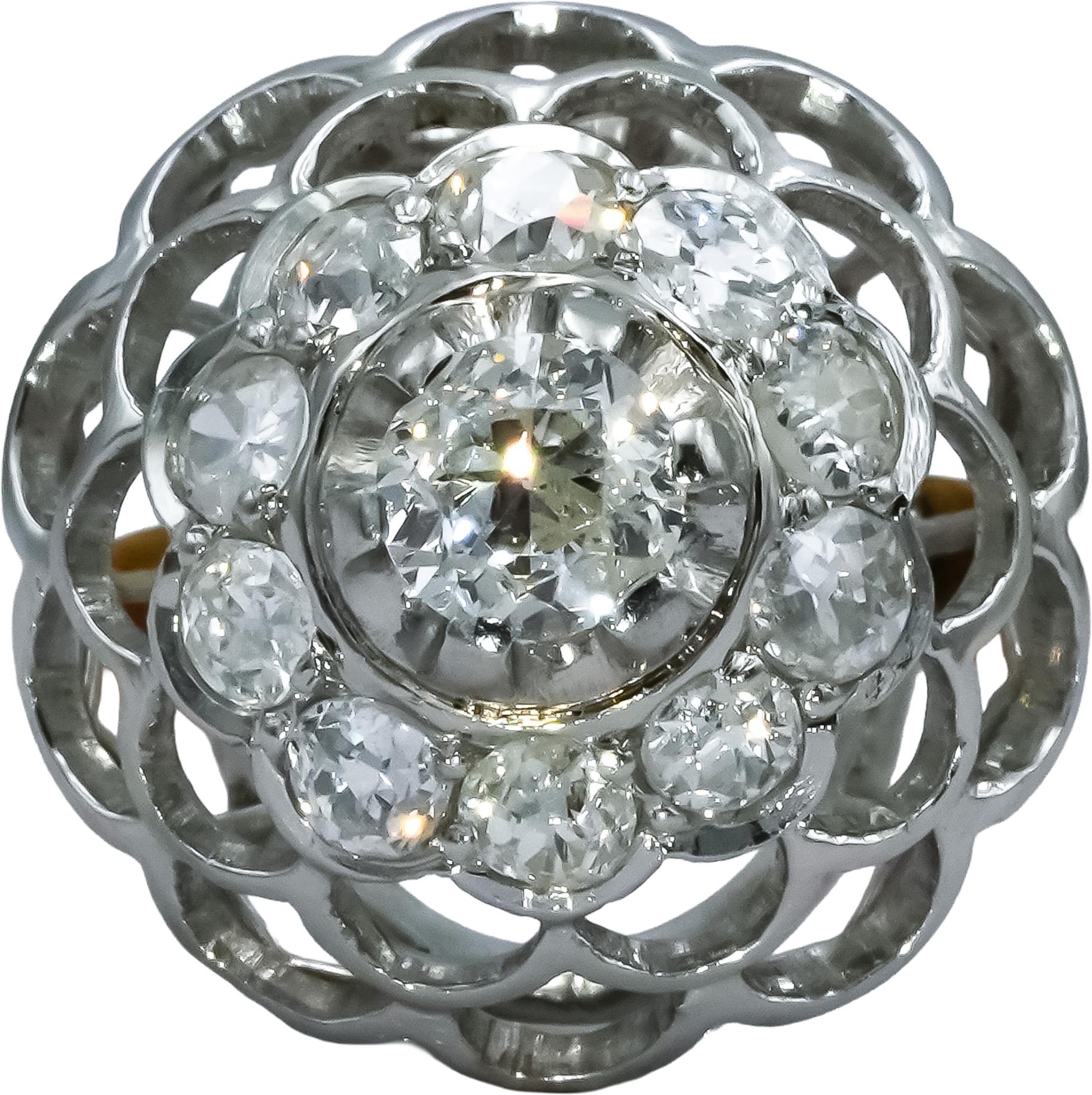 Vintage Antique 14k White & Yellow Gold Old Euro Cut Diamond Filigree Ring 1.0CT