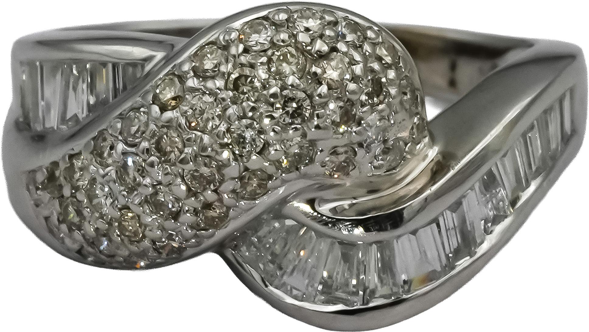 18k White Gold VS Round & Baguette Diamond Crossover Ring 1.0CT Size 6.5