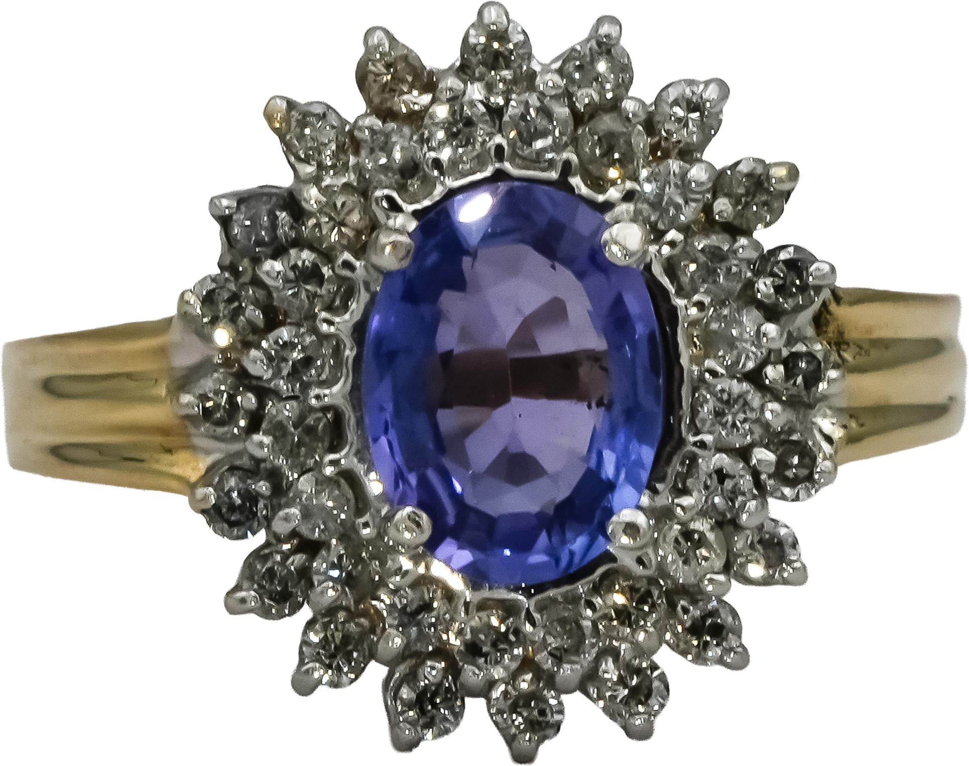 14k Yellow Gold Diamond and Tanzanite Cocktail Ring 1.25CT Size 7