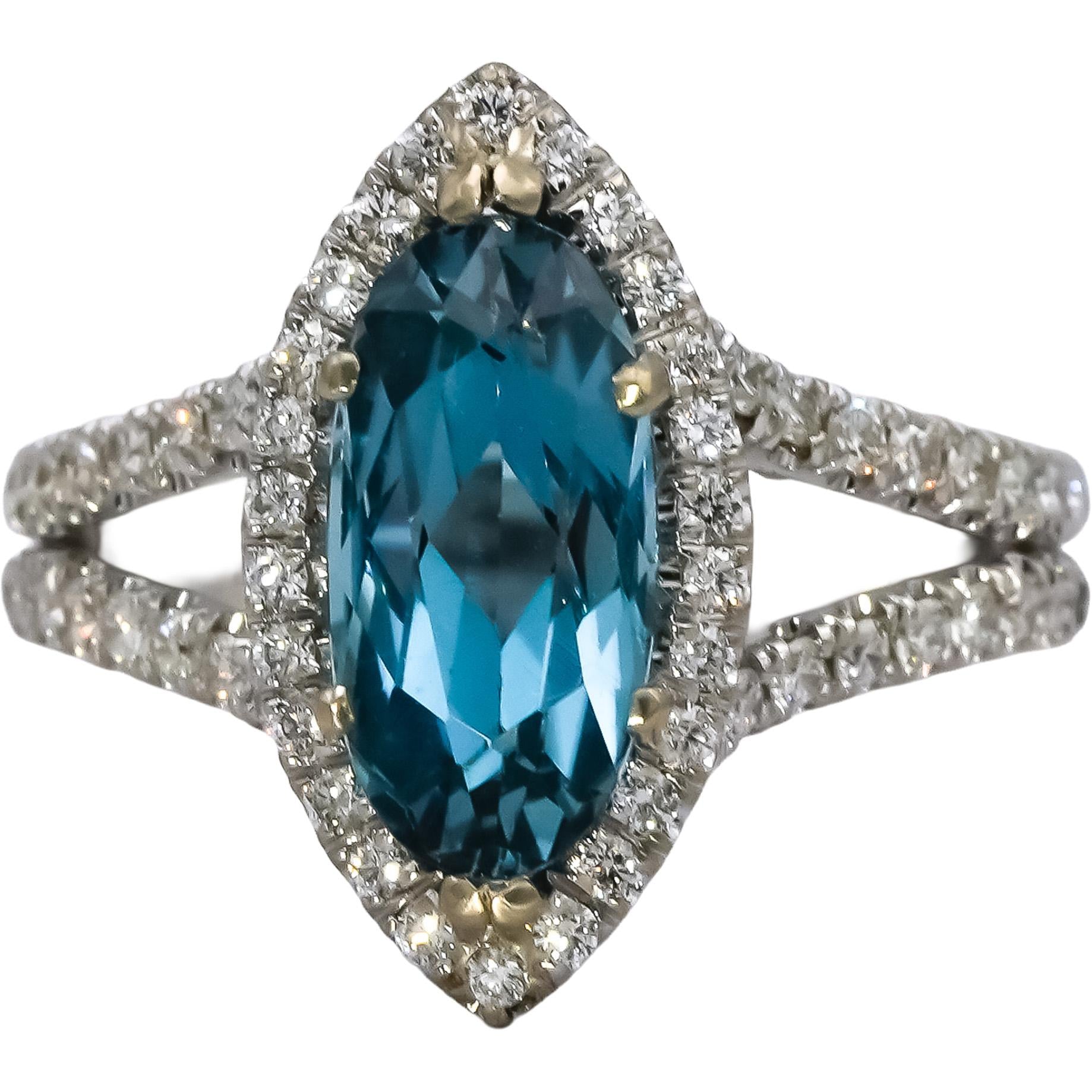 18k White Gold VS Round Diamond Marquise Topaz Cocktail Ring 4.09CT Size 6.5