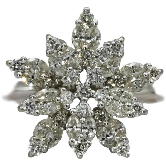 18k White Gold Round and Marquise Diamond Flower Ring 1.0CT Size 9.5
