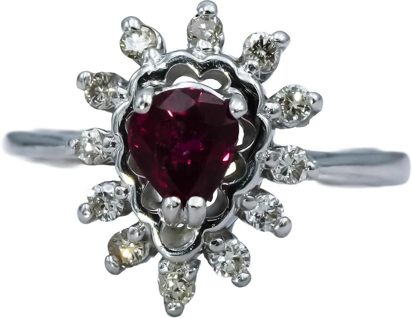 14k White Gold Round Diamond Pear Cut Ruby Cocktail Ring 0.50CT Size 4
