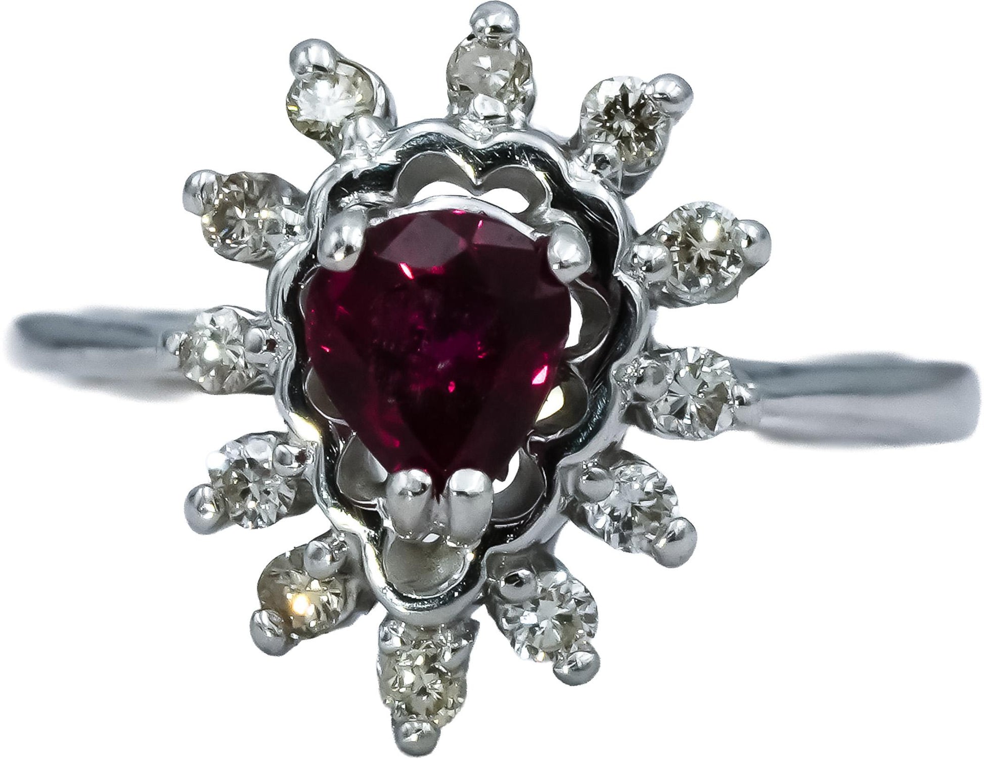 14k White Gold Round Diamond Pear Cut Ruby Cocktail Ring 0.50CT Size 4