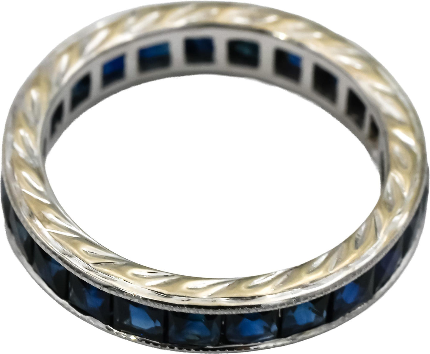 18k White Gold French Cut Sapphire Engraved Eternity Band Ring 2.75CT Size 5.25