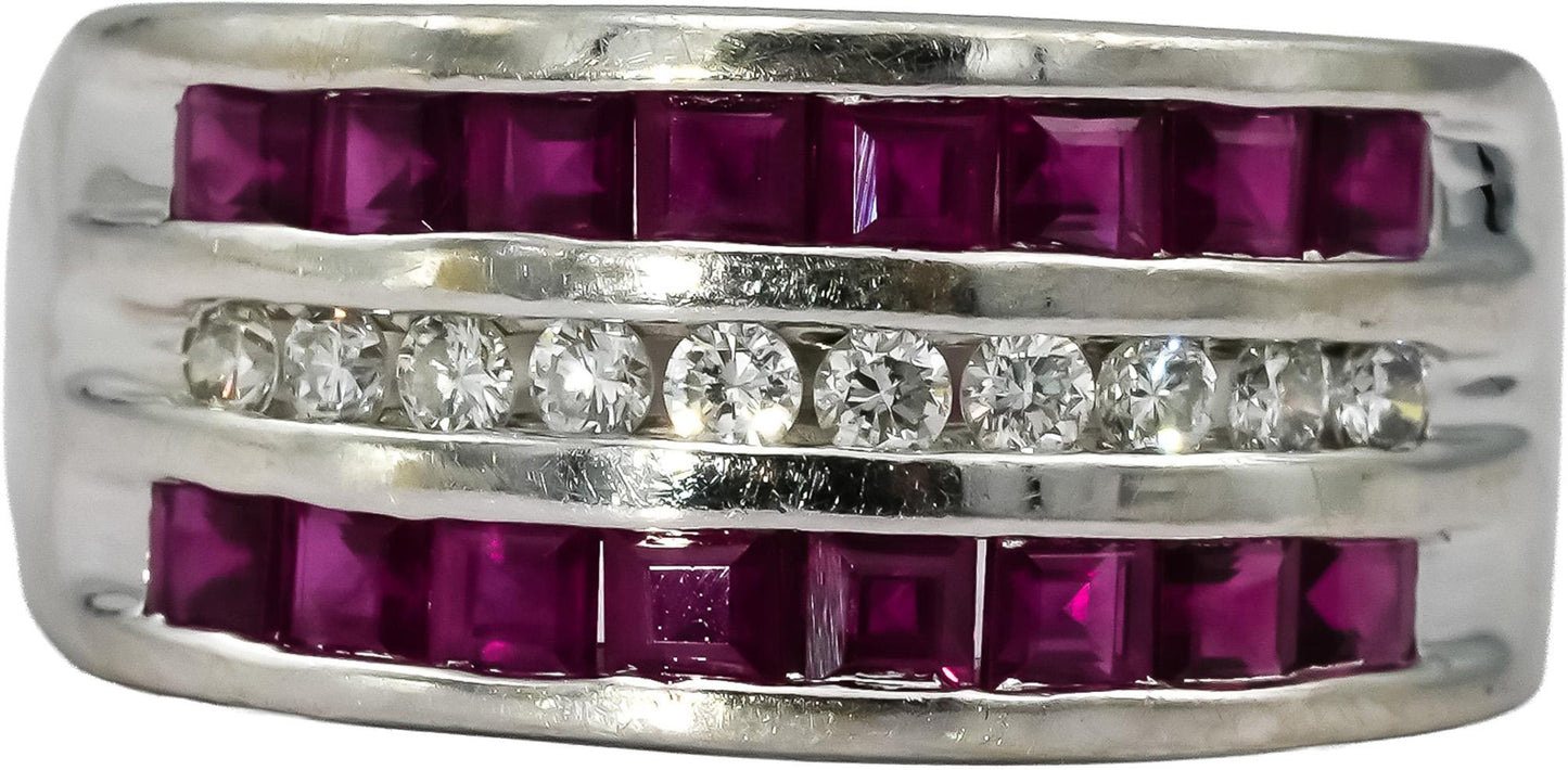 14k White Gold Diamond and Ruby Three Row Band Ring 1.0CT Size 6.75