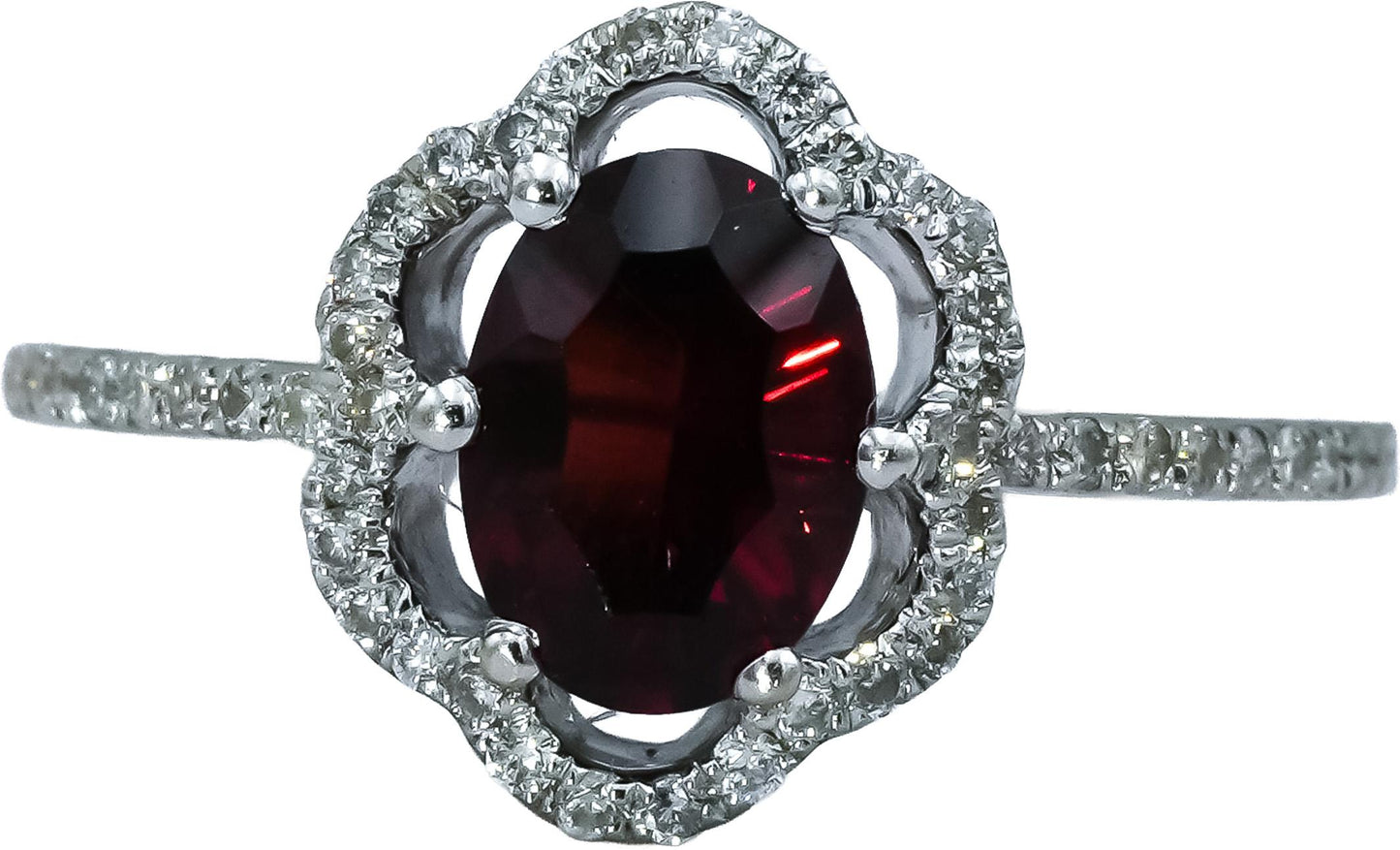 14k White Gold Round diamond Oval Garnet Cocktail Ring 1.20CT Size 4