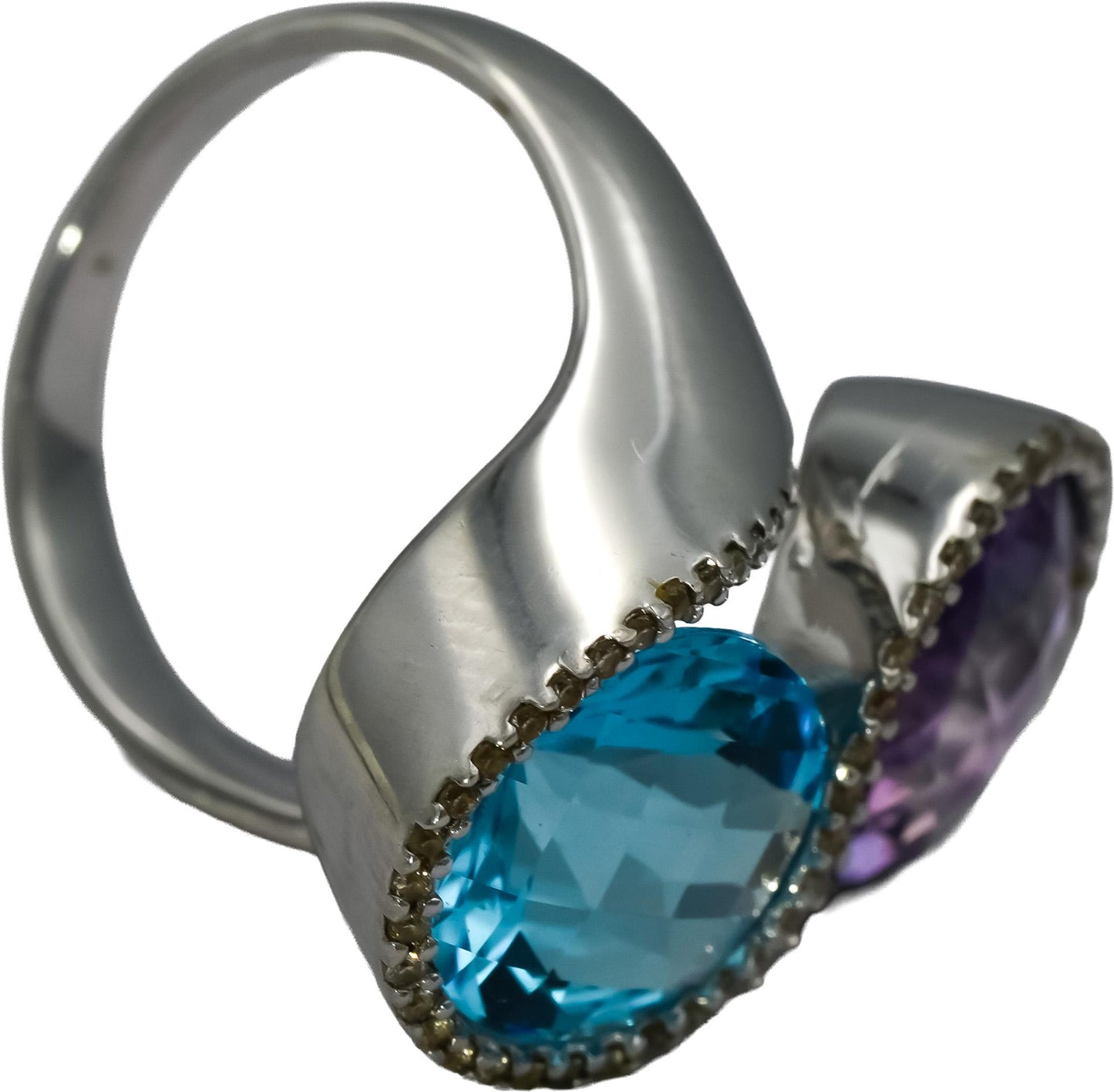 18k White Gold Diamond Blue Topaz Amethyst Bypass Ring 8.33CT Size 4
