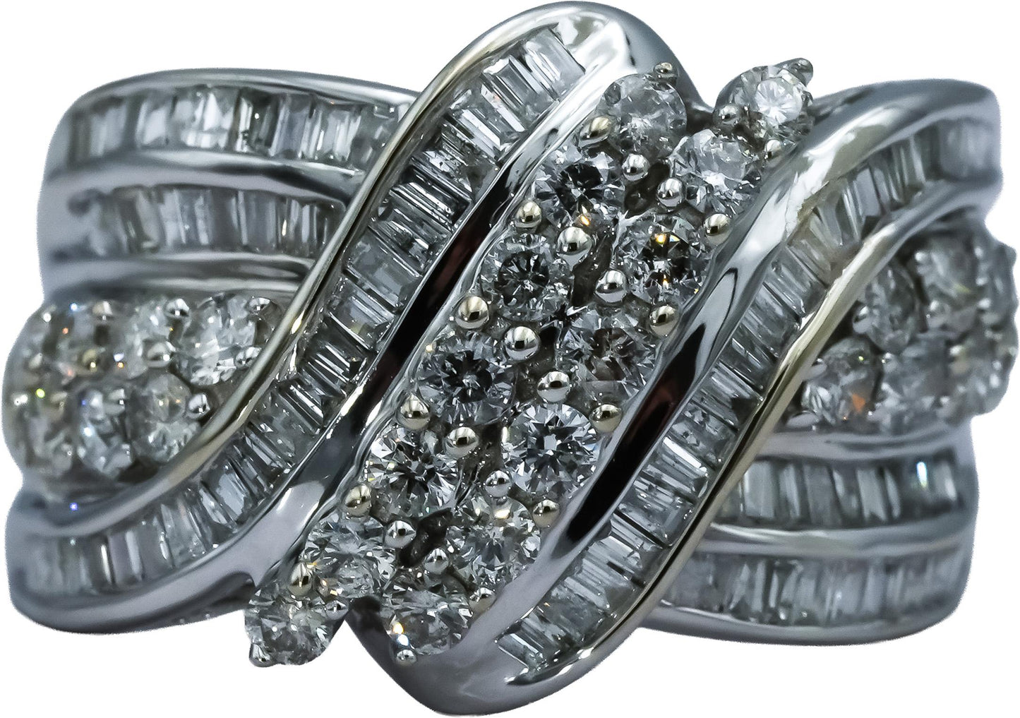 14k White Gold Round and Baguette Cut Diamond Crossover Ring 1.50CT Size 8.75