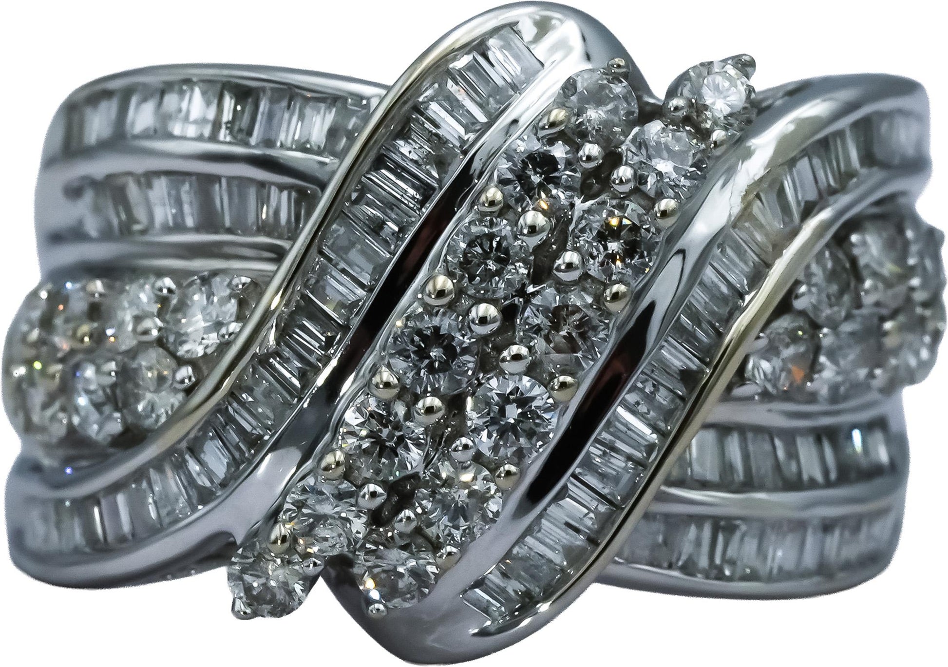 14k White Gold Round and Baguette Cut Diamond Crossover Ring 1.50CT Size 8.75