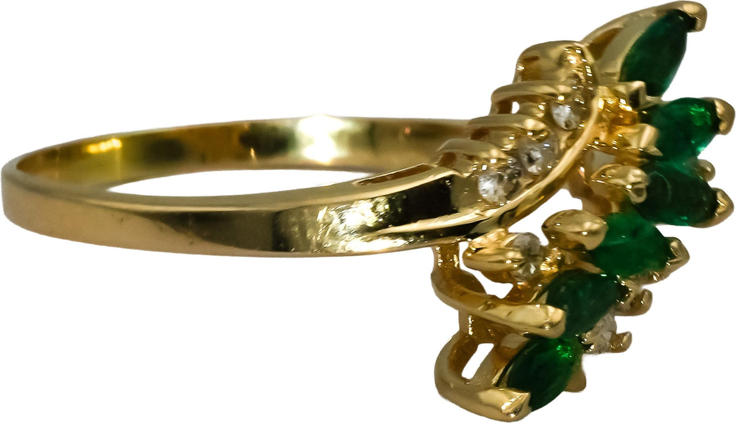 14k Yellow Gold Round Diamond & Marquise Emerald Cocktail Ring 0.45CT Size 7.75
