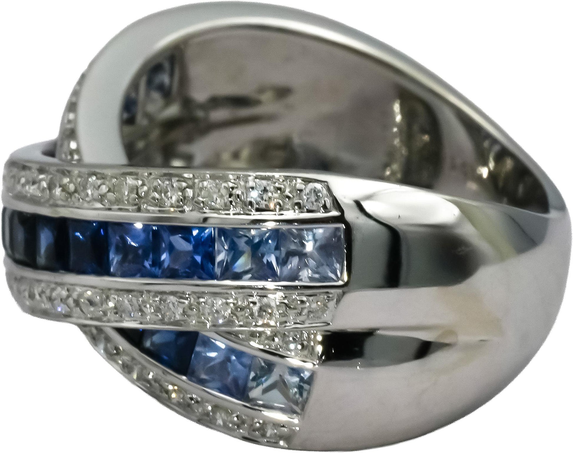 14k White Gold Diamond & Multi Color Blue Sapphire Crossover Ring 2.95CT Sz 6.75