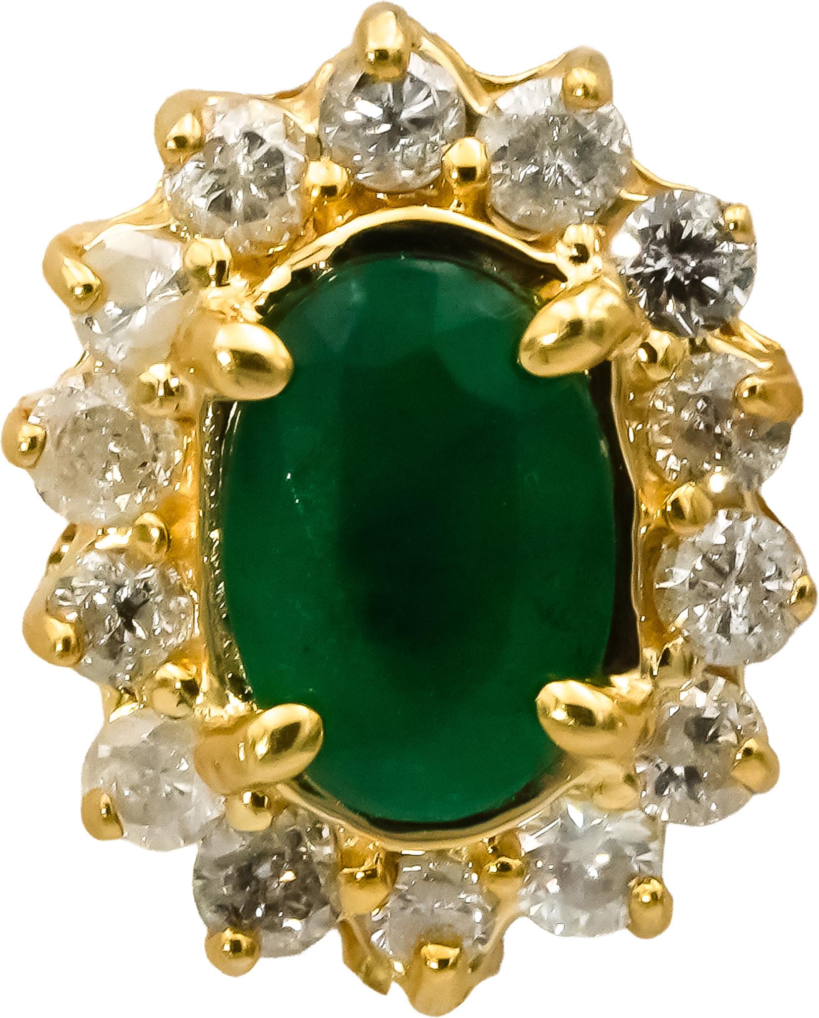 14k Yellow Gold Oval Cut Emerald Round Diamond Halo Stud Earrings 1.75CT