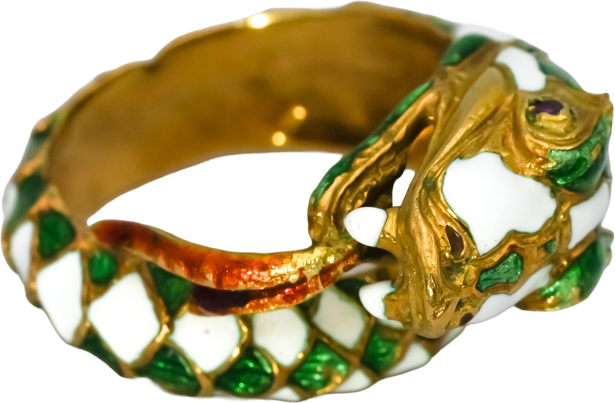 Vintage Antique 18k Yellow Gold White and Green Enamel Snake Ring 7