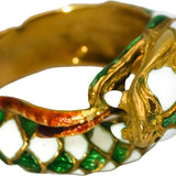 Vintage Antique 18k Yellow Gold White and Green Enamel Snake Ring 7
