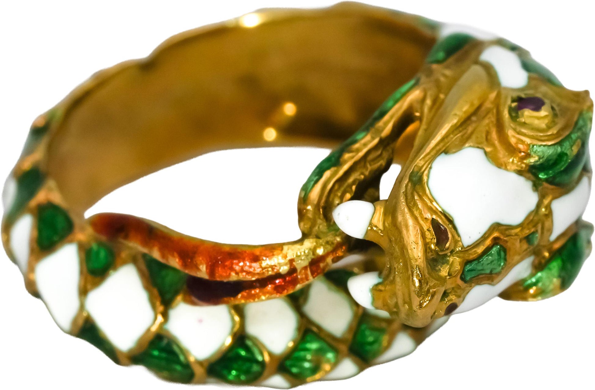 Vintage Antique 18k Yellow Gold White and Green Enamel Snake Ring 7