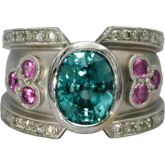 18k White Gold Diamond Blue & Pink Sapphire Cocktail Ring 5.25CT Size 7.25