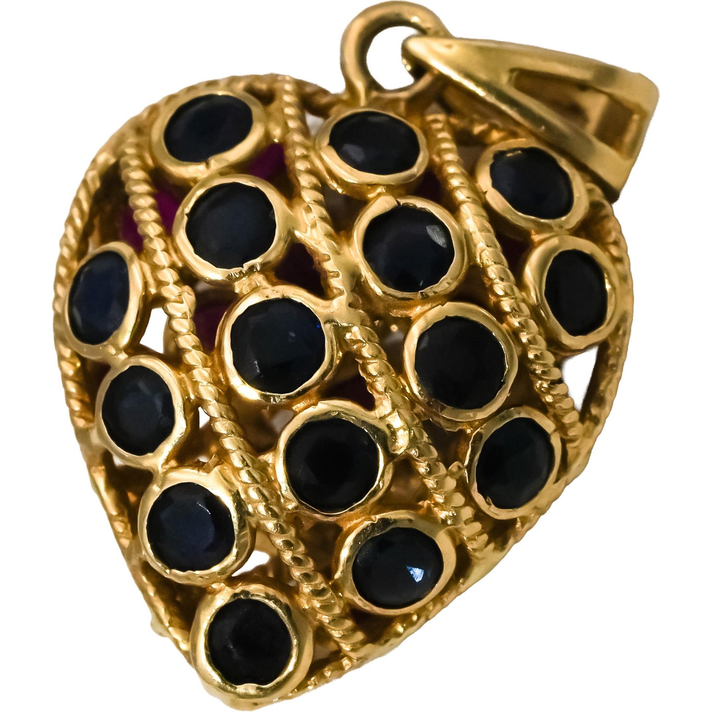 14k Yellow Gold Round Ruby and Sapphire Reversible Heart Pendant 1.50CT