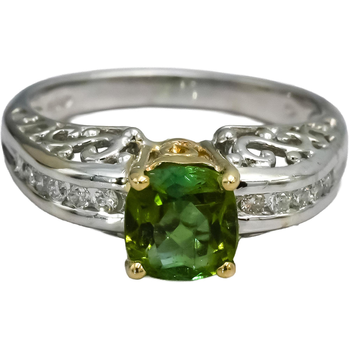 14k White Yellow Gold Diamond and Peridot Cocktail Ring 1.40CT Size 6.75