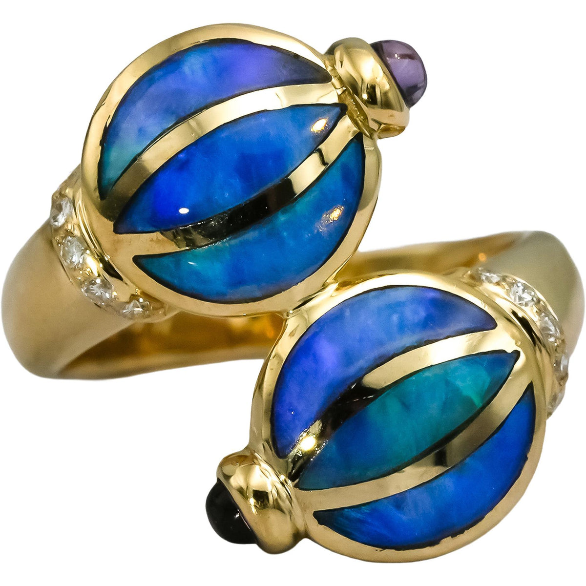 14k Yellow Gold Diamond Amethyst Inlay Opal Bypass Ring 0.09CT Size 6.5