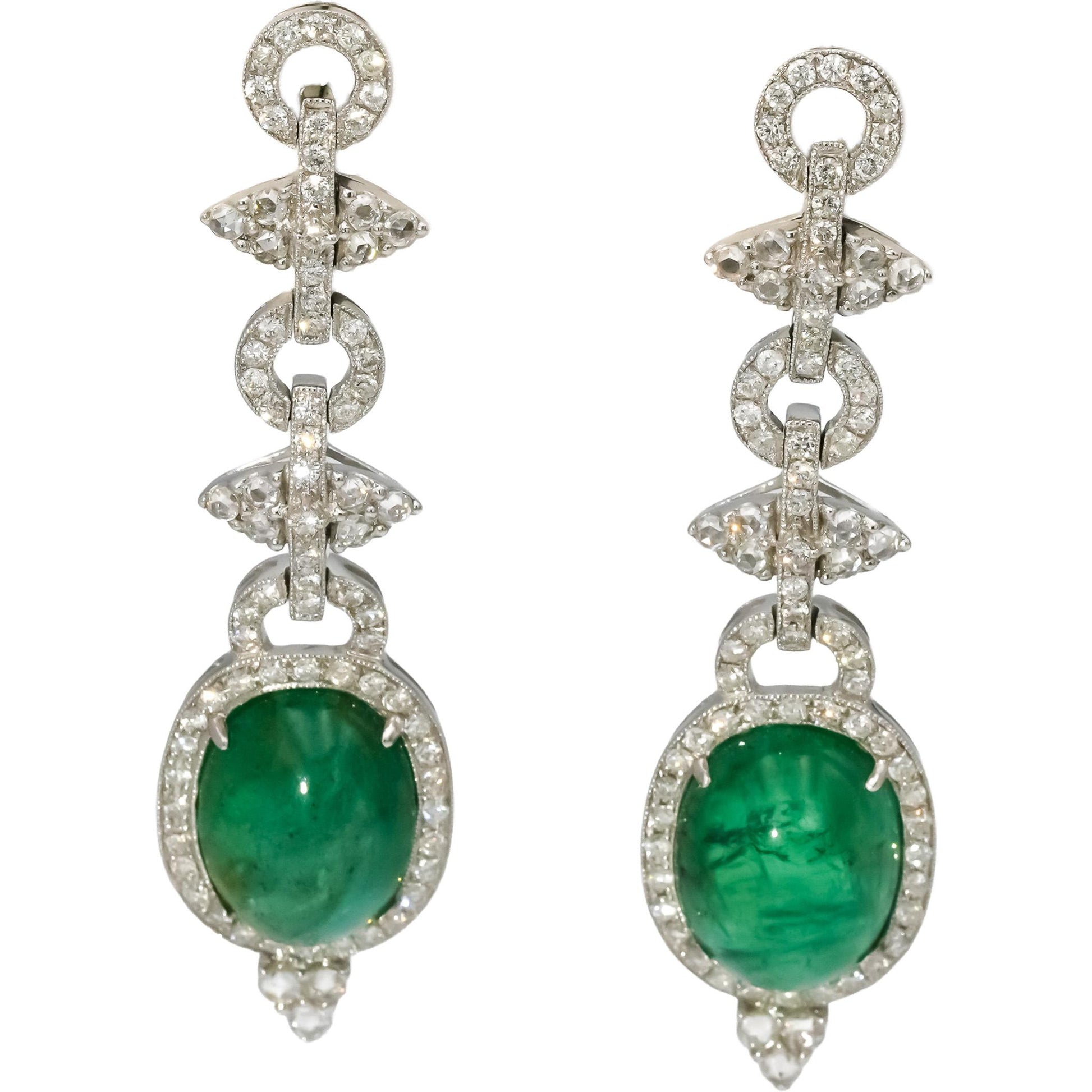 18k White Gold VS Round Diamond Cabochon Emerald Drop Dangle Earrings 23.0CT