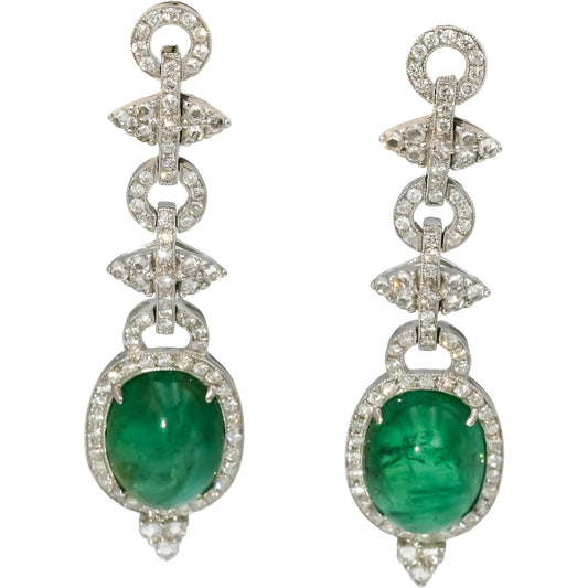 18k White Gold VS Round Diamond Cabochon Emerald Drop Dangle Earrings 23.0CT