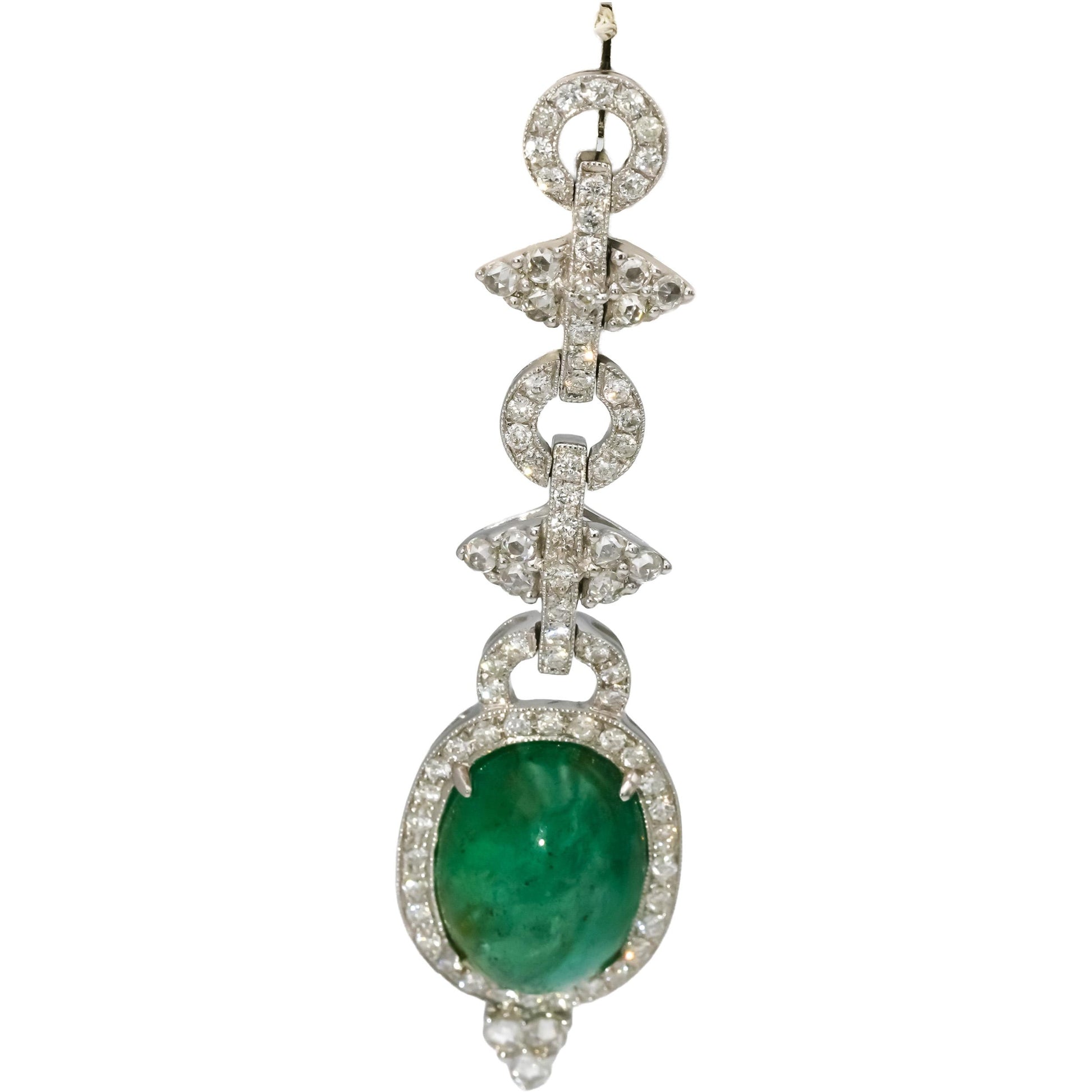 18k White Gold VS Round Diamond Cabochon Emerald Drop Dangle Earrings 23.0CT