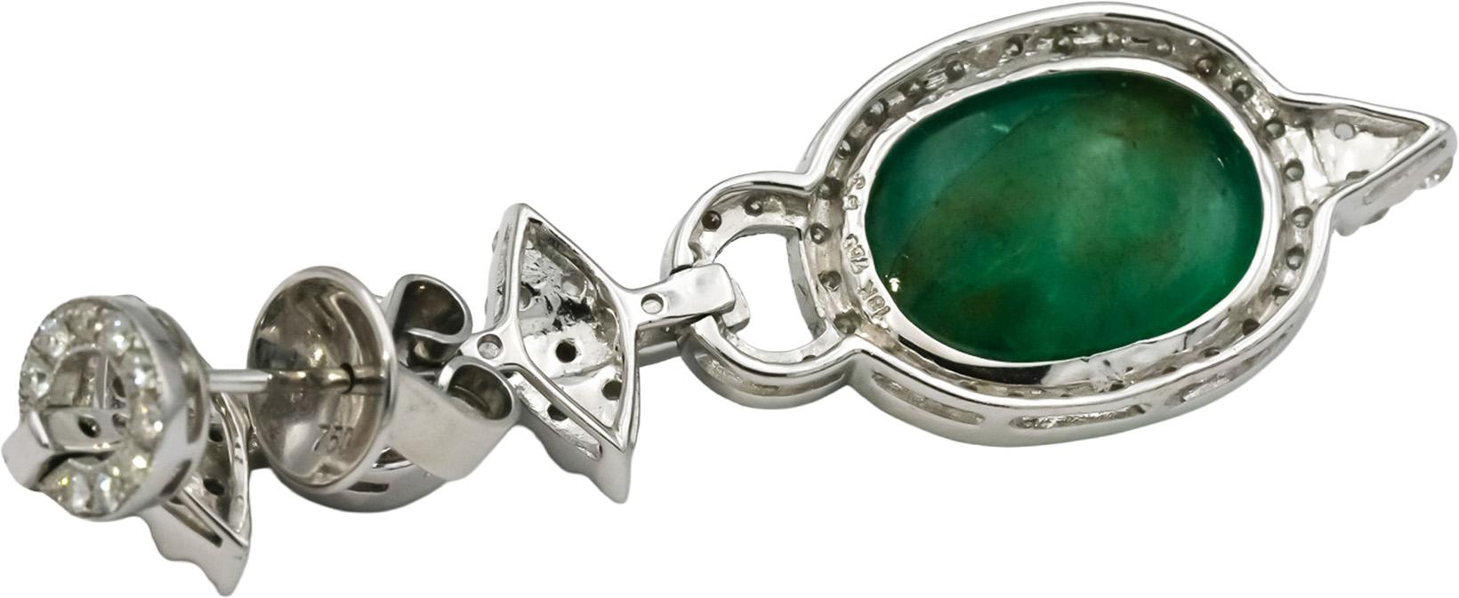 18k White Gold VS Round Diamond Cabochon Emerald Drop Dangle Earrings 23.0CT