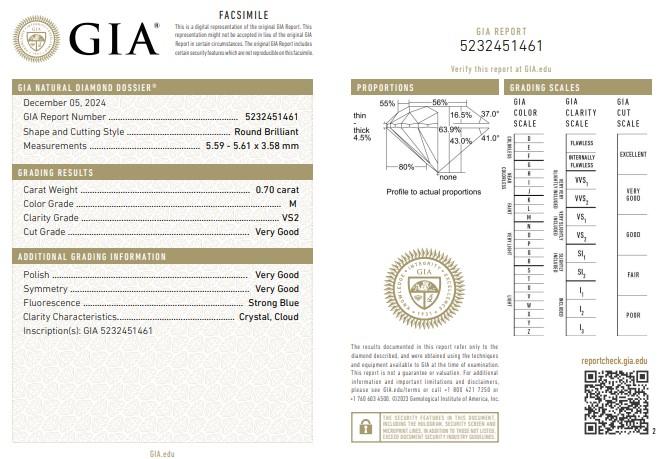 GIA Certified 0.70CT VS2/M Round Brilliant Loose Diamond