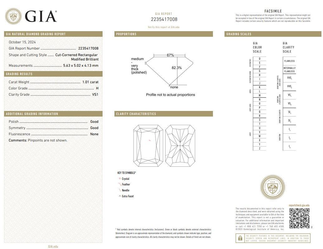 GIA Certified 1.01ct VS1/H Radiant Cut Diamond