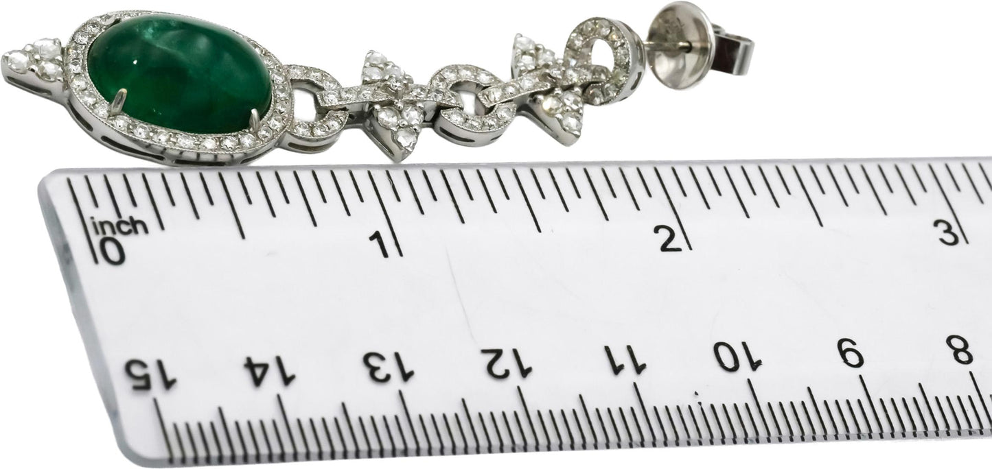 18k White Gold VS Round Diamond Cabochon Emerald Drop Dangle Earrings 23.0CT