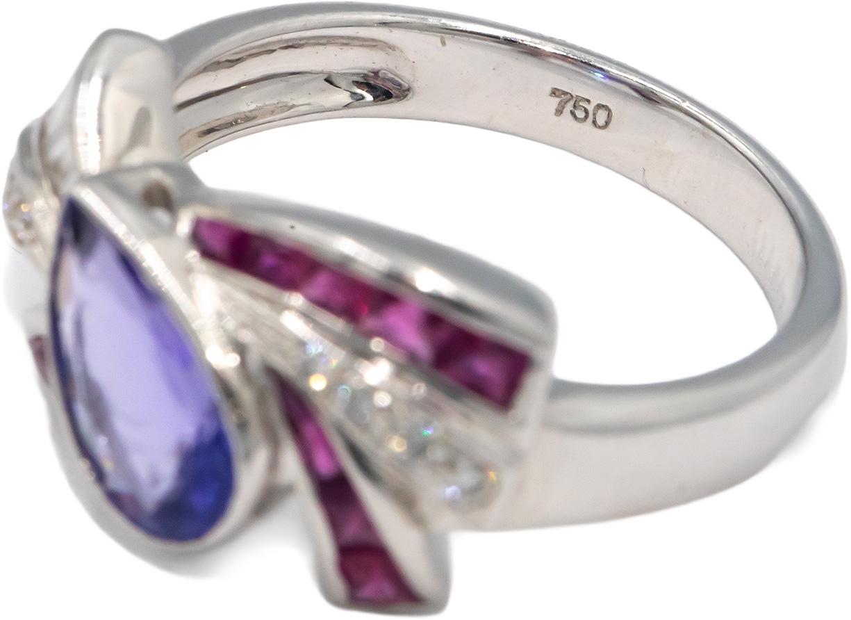18k White Gold 1.40CT Diamond Tanzanite Ruby Ribbon Ring size 6.75