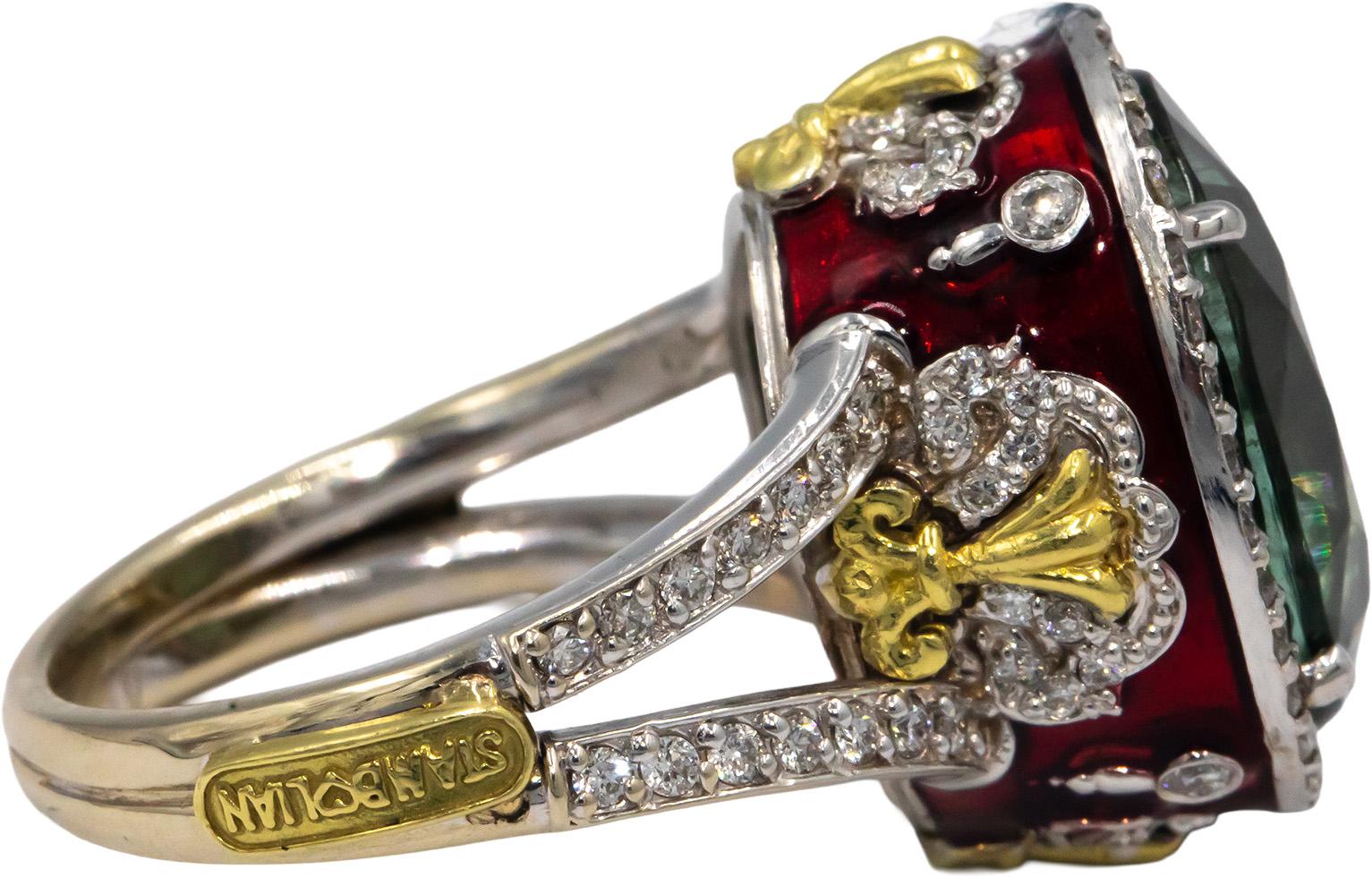 STAMBOLIAN 18k White Yellow Gold Diamond & Tourmaline Cocktail Ring 11.85CT