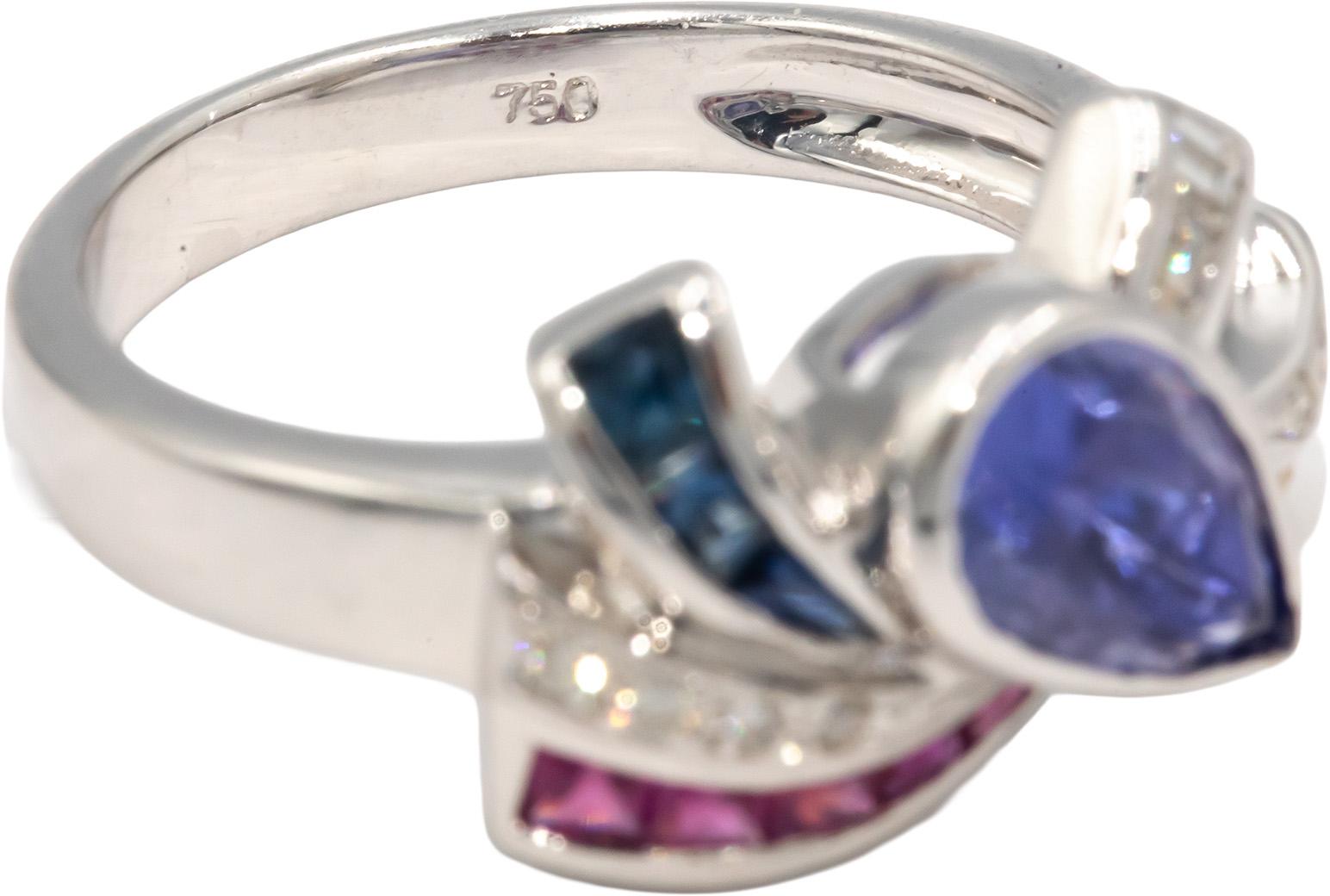 18k White Gold 1.40CT Diamond Tanzanite Sapphire Ruby Ribbon Ring Size 7