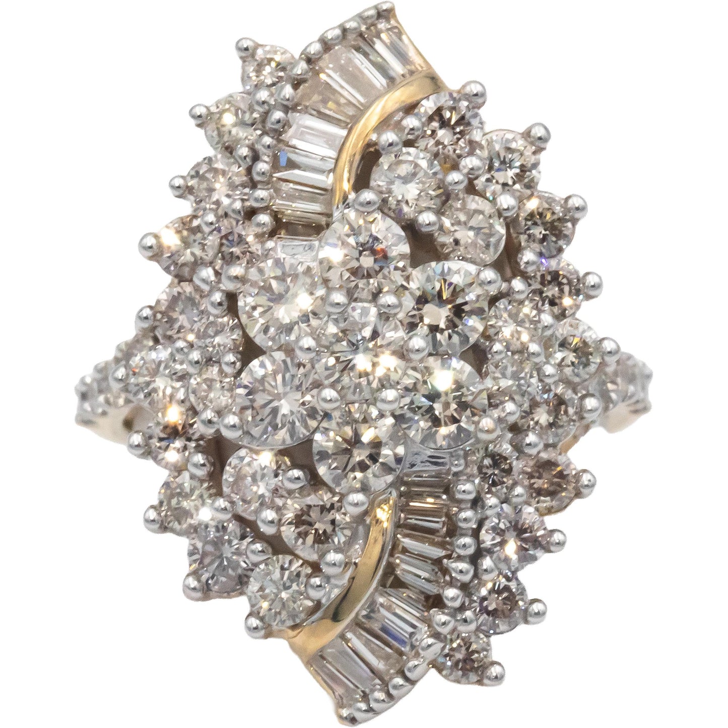 10k Gold 3.0CT Round and Baguette Cut Diamond Cluster Cocktail Ring Size 7