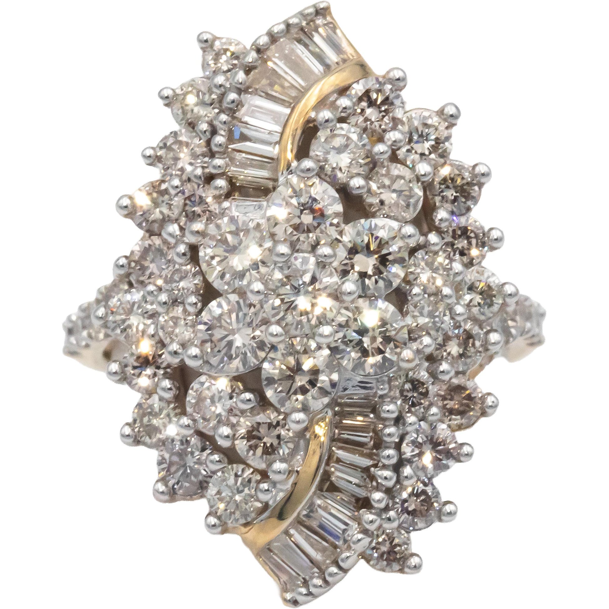 10k Gold 3.0CT Round and Baguette Cut Diamond Cluster Cocktail Ring Size 7