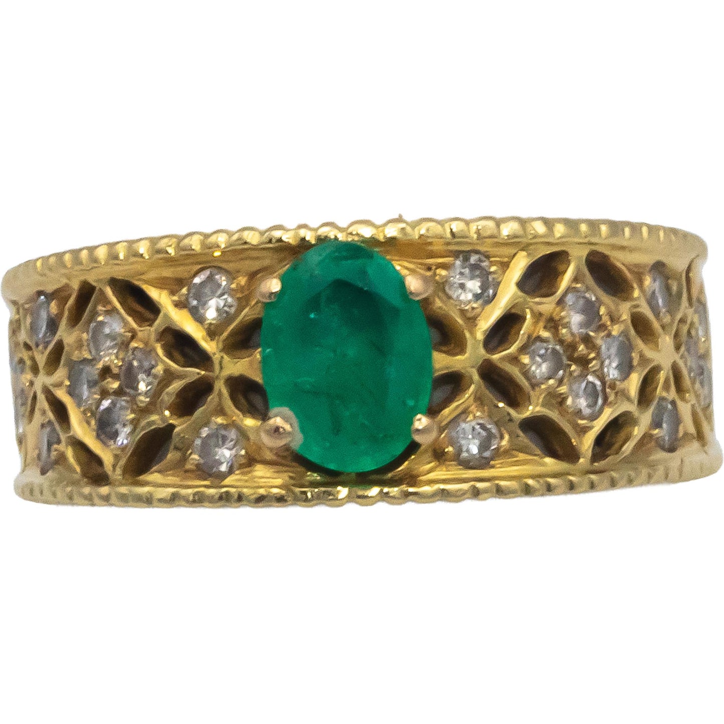 18k Yellow Gold VS Round Diamond & Oval Emerald Band Ring 0.80CT Size 8.75