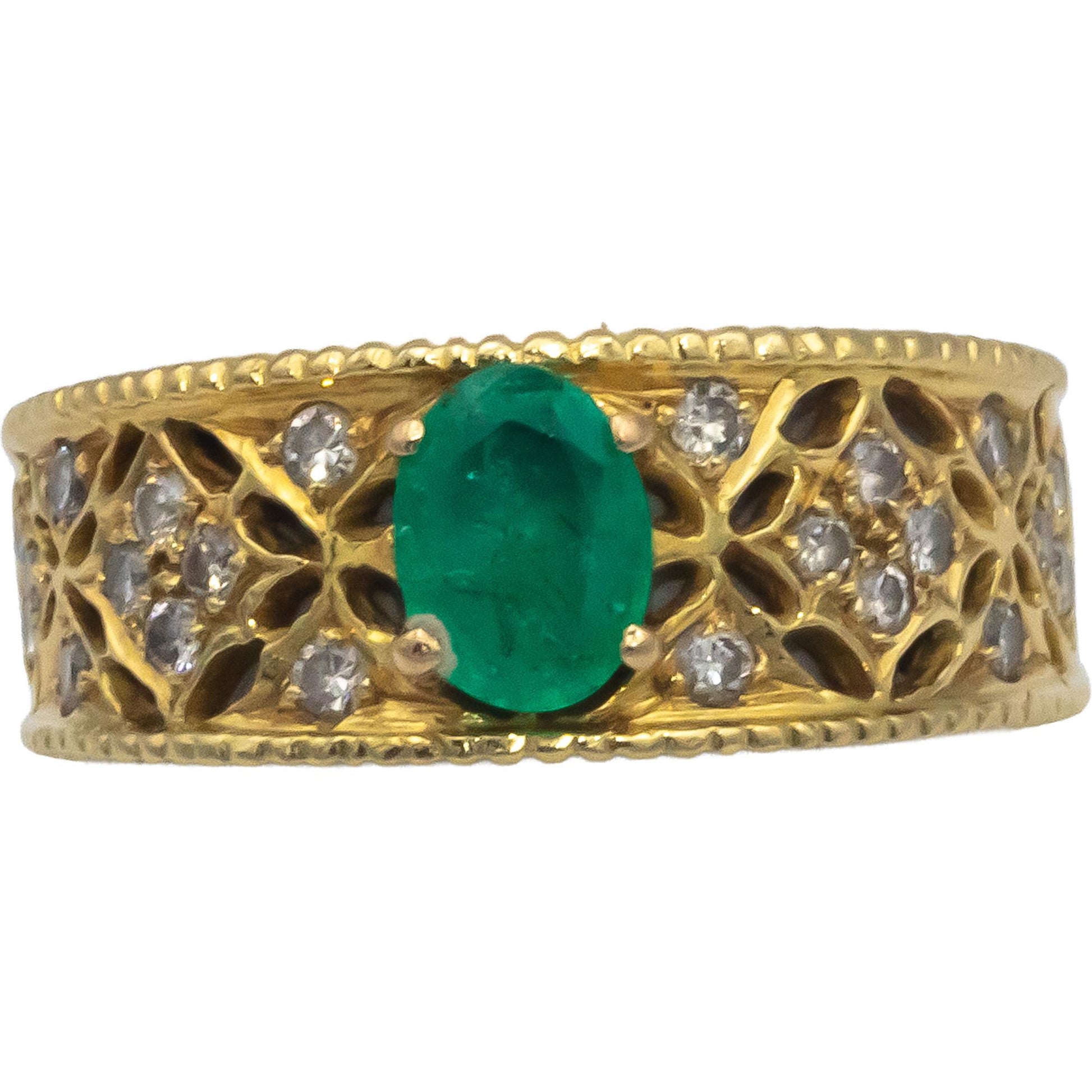 18k Yellow Gold VS Round Diamond & Oval Emerald Band Ring 0.80CT Size 8.75