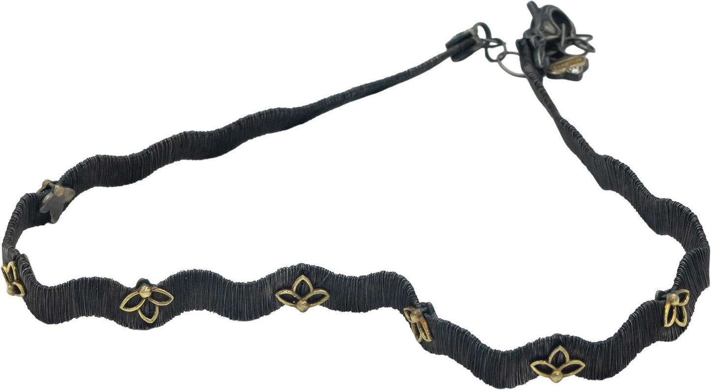STAMBOLIAN 18k Gold and Sterling Silver Wavy Mesh Floral Necklace