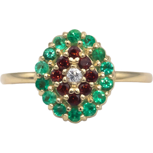 14k Yellow Gold 0.37CT VS Diamond Emerald Garnet Cluster Ring Size 6.5