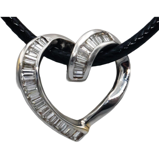14k White Gold 1.0CT VS Baguette Cut Diamond Heart Slide Pendant Necklace