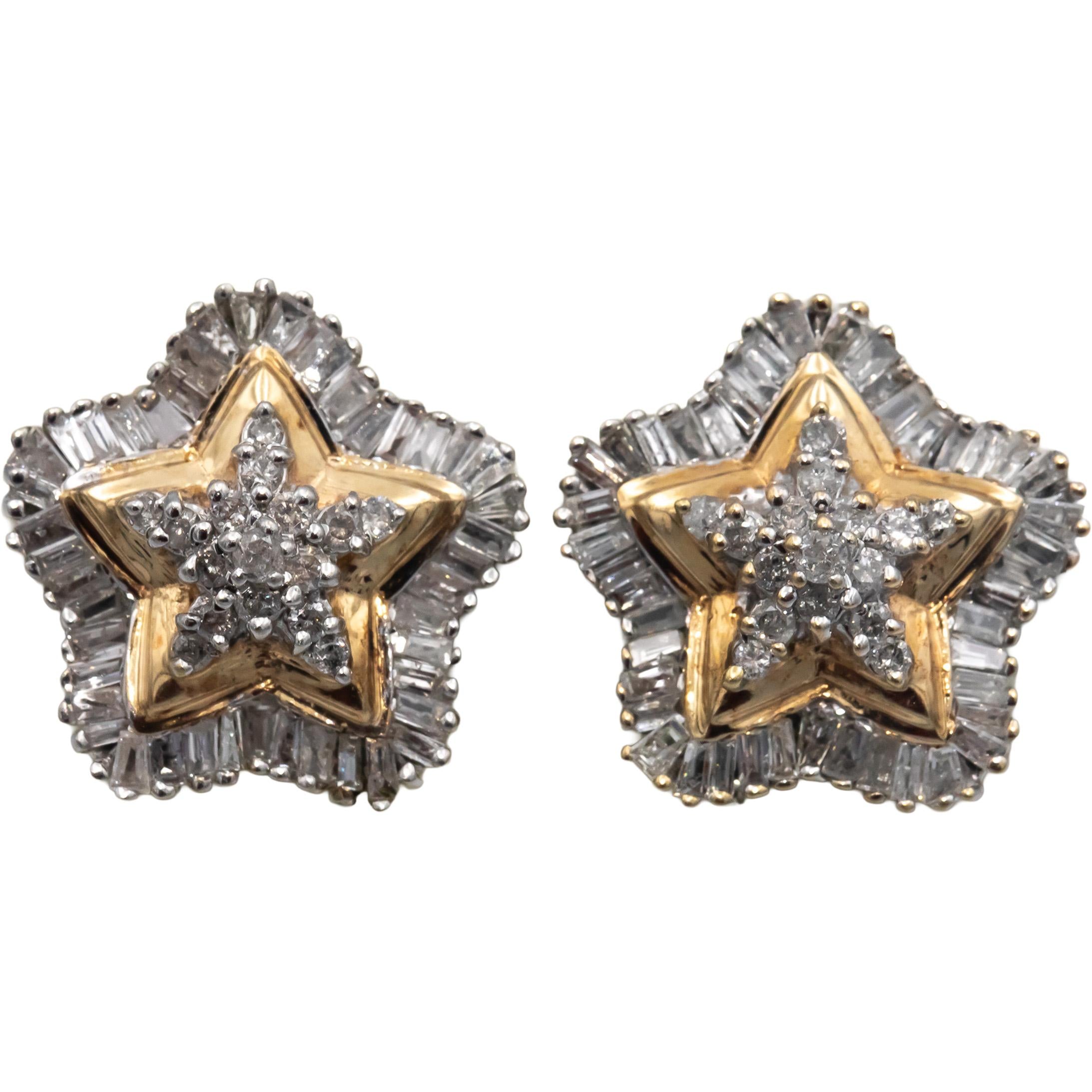 10k Yellow & White Gold 1.50CT Round & Baguette Cut Star Stud Earrings