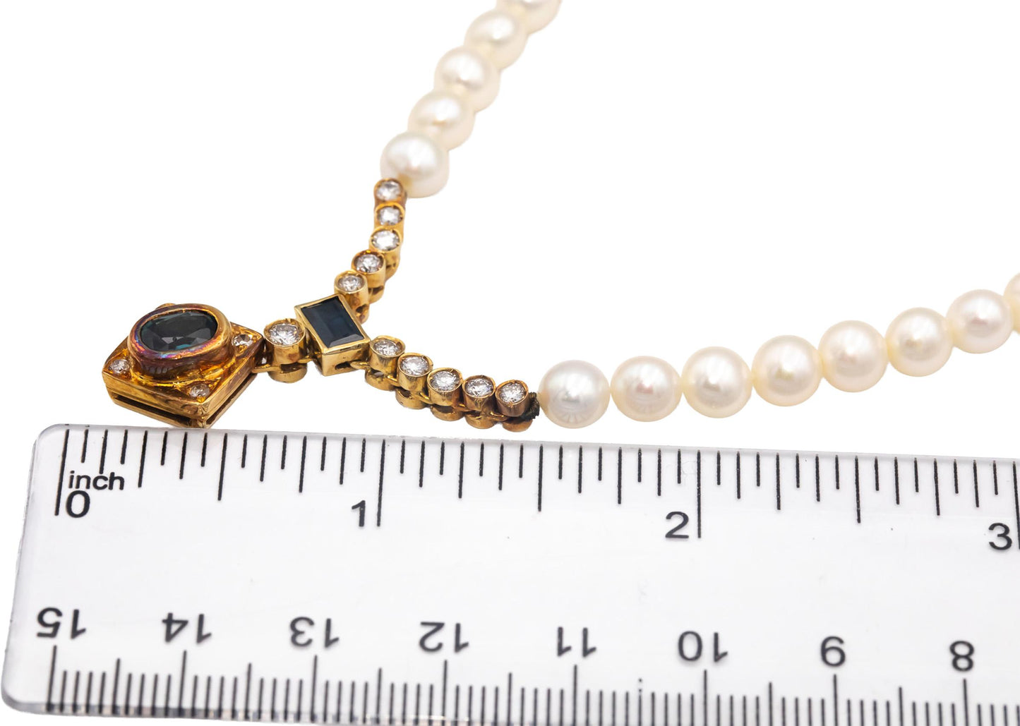 18k Yellow Gold Diamond Sapphire and 6.0mm Pearl Strand Necklace 1.75CT