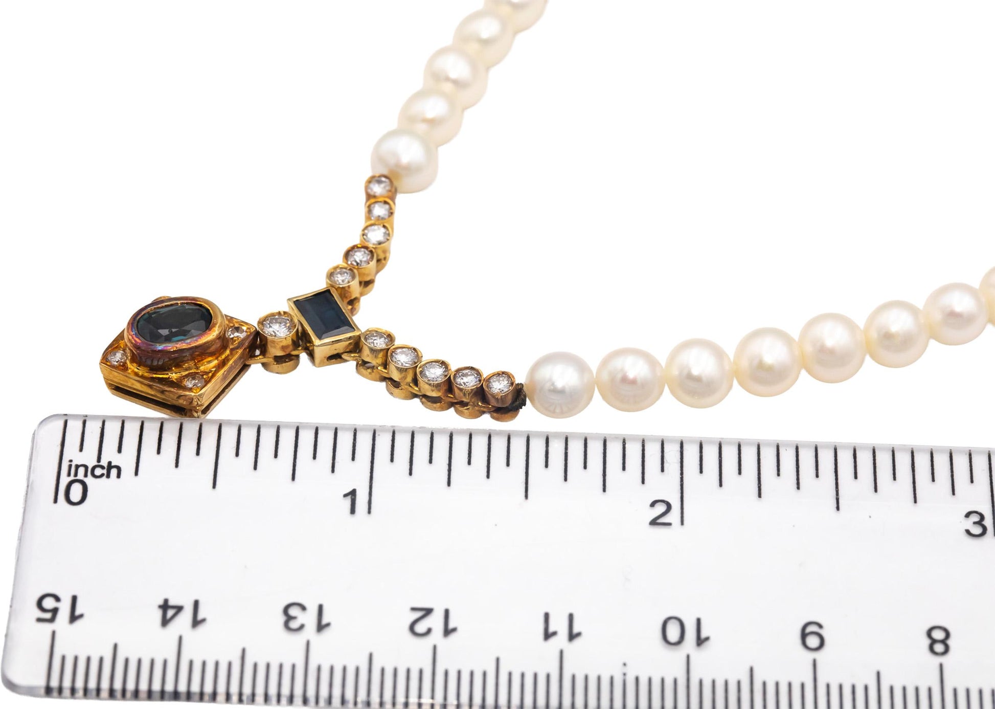 18k Yellow Gold Diamond Sapphire and 6.0mm Pearl Strand Necklace 1.75CT