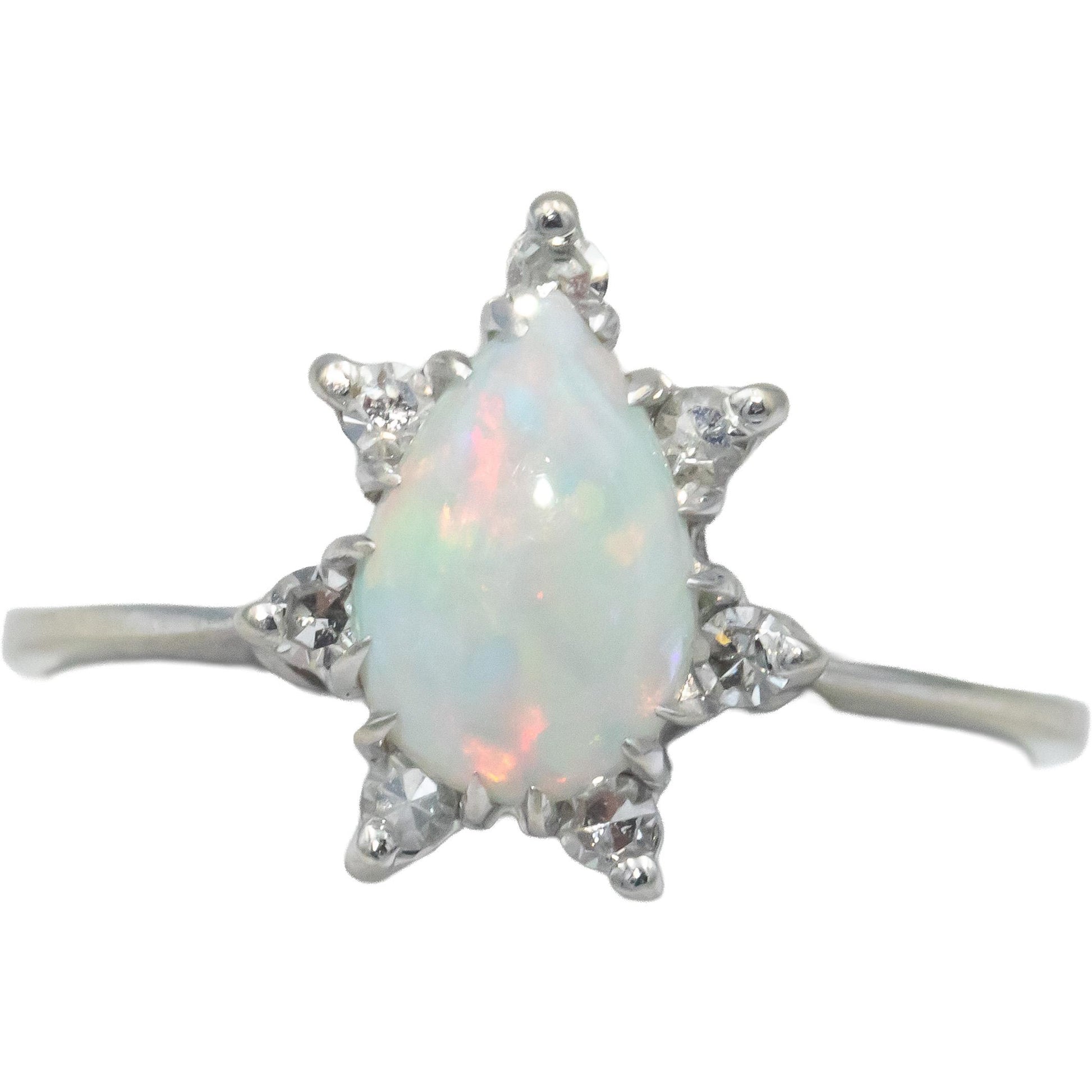 Antique Vintage 14k White Gold 1.25CT VS Diamond and Opal Ring Size 8.25