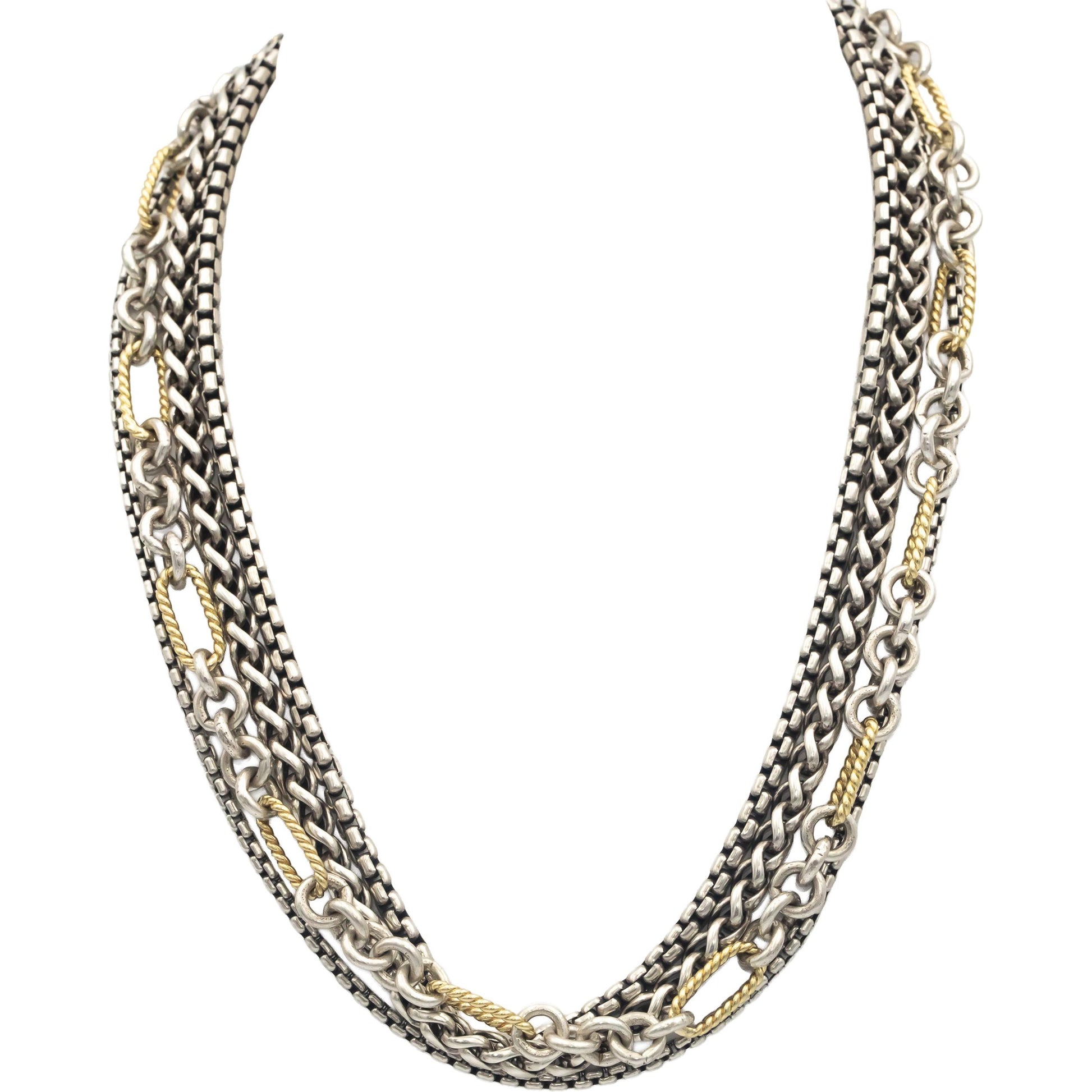 DAVID YURMAN Sterling Silver & 18k Gold 4-Row Mixed Chain Bib Necklace
