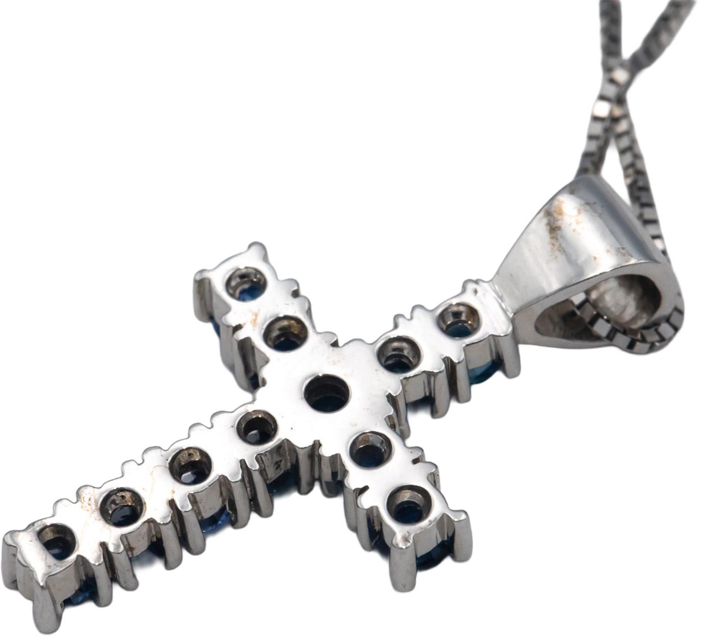 14k White Gold 1.50CT Round Cut Blue Topaz Cross Crucifix Pendant Necklace