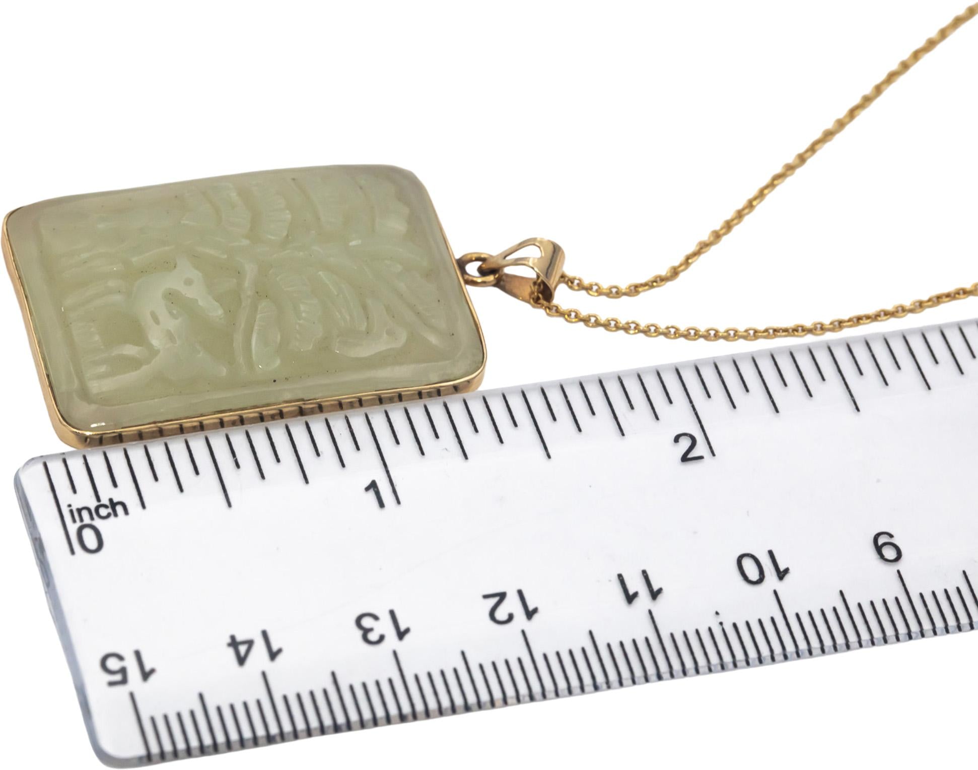 14k Yellow Gold 33.5 x 23.5mm Carved Tree Forest Motif Jade Pendant Necklace