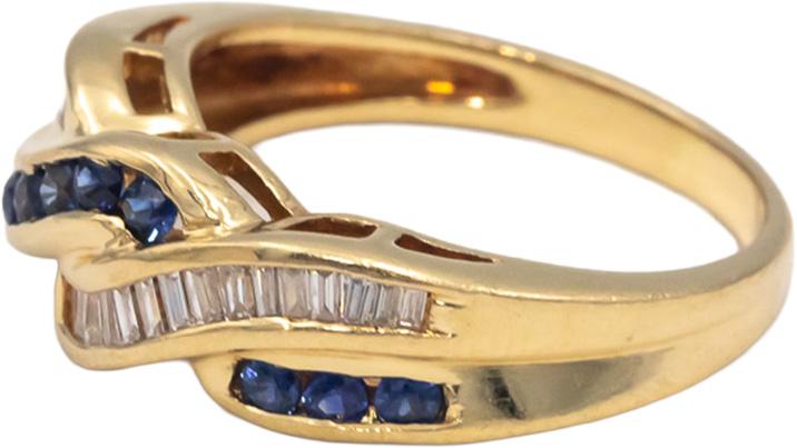 14k Yellow Gold Diamond & Blue Sapphire Crossover Band Ring 0.55CT Size 6