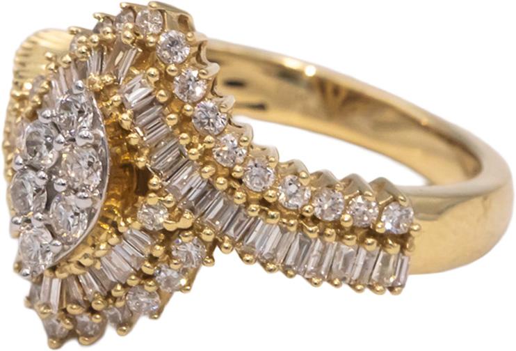 10k Yellow Gold Round & Baguette Cut Diamond Marquise Shaped Ring 1.0CT Size 7
